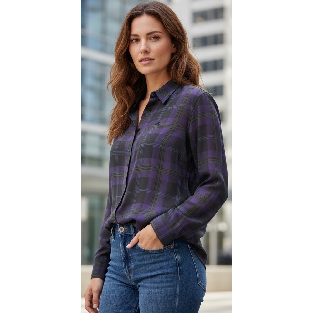 Ralph Lauren Petite Black Purple Plaid Plaid Sheer Blouse Size PXS MSRP $116
